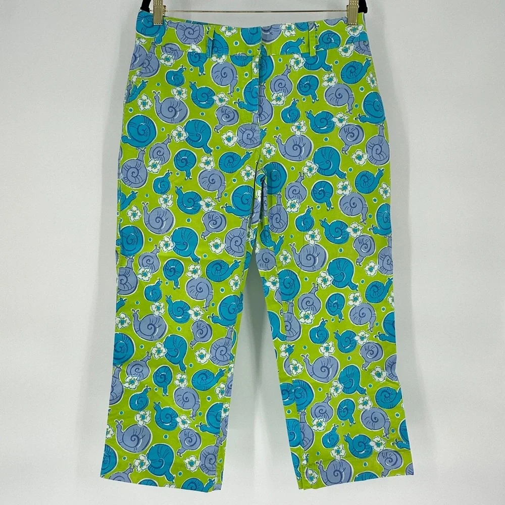 Lilly Pulitzer Green Blue Snail Floral‎ Print Cropped Pants Womens Size 10